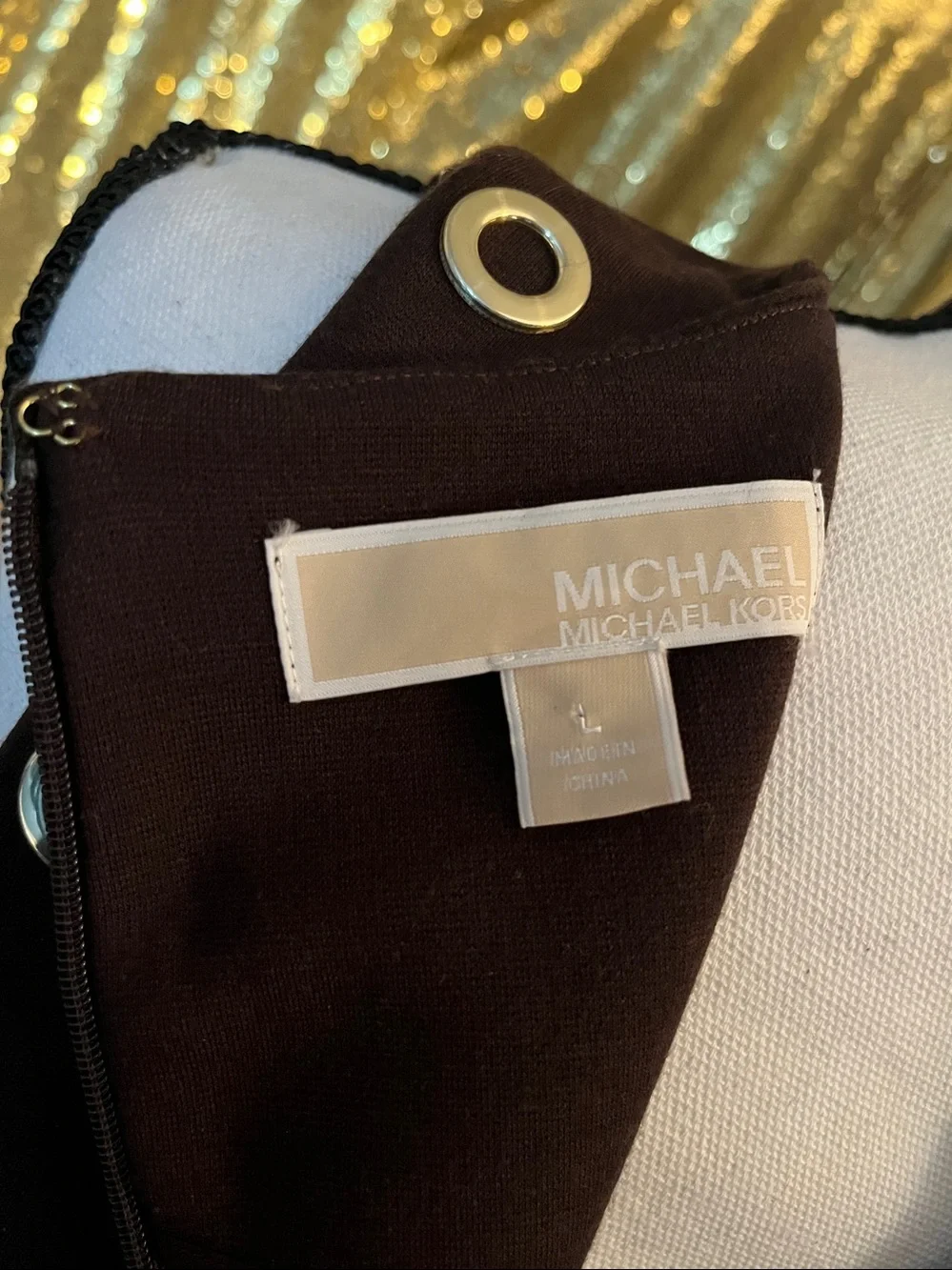 Michael Kors Brown Sleeveless A-Line Dress with Gold Eyelet Trim